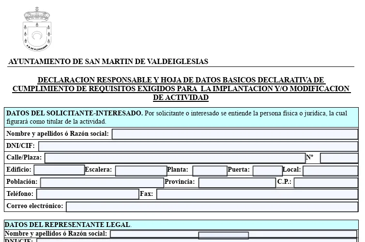 Modelo de declaración responsable para concesión de licencia de actividad del Ayuntamiento de San Martín de Valdeiglesias.